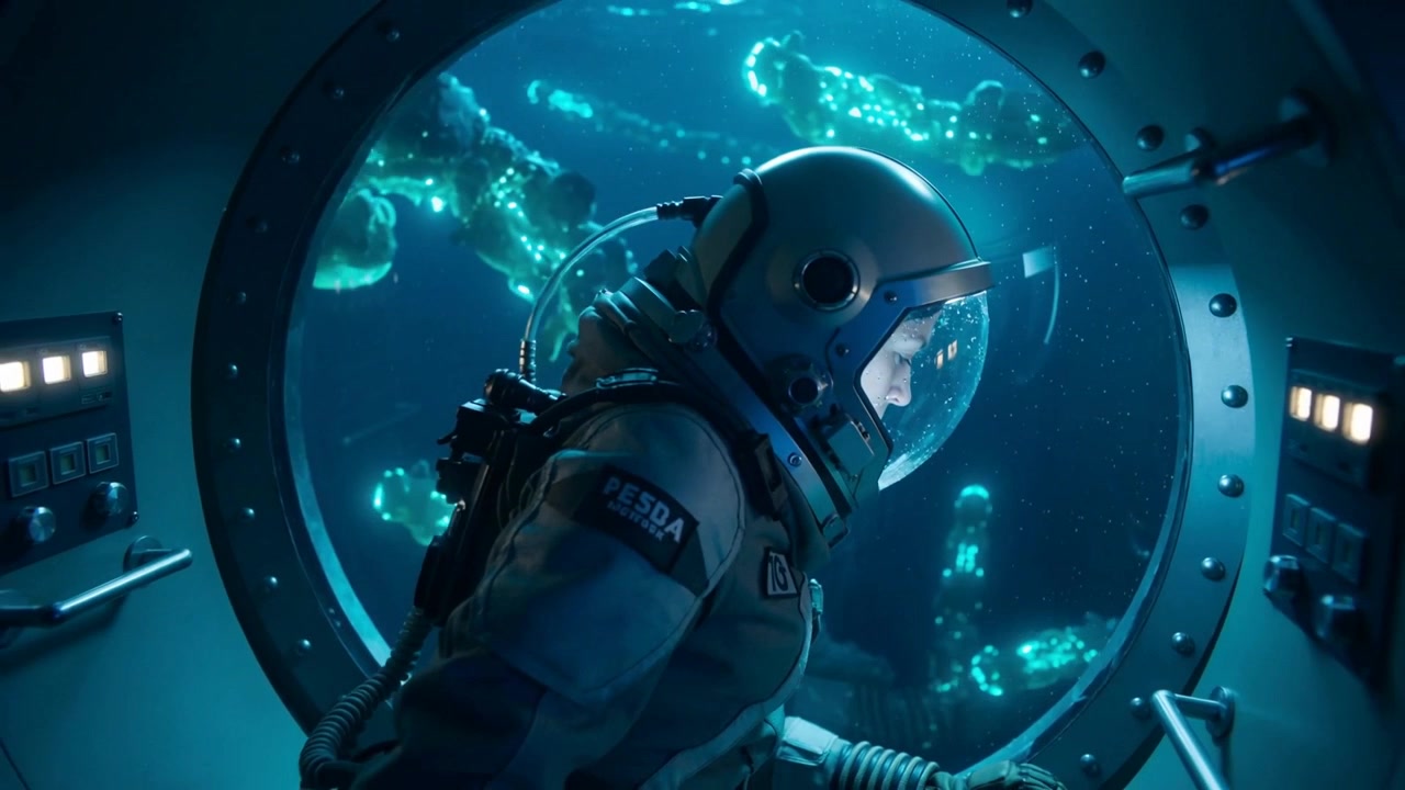 Vedendo vita luminosa fuori dall'oblò, un pilota in tuta pressurizzata si appoggia e si puntella, monitorando l'O2.