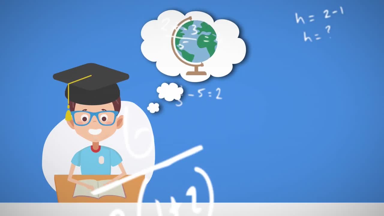 파란색 배경에 움직이는 학생의 픽토그램과 수학 방정식의 애니메이션