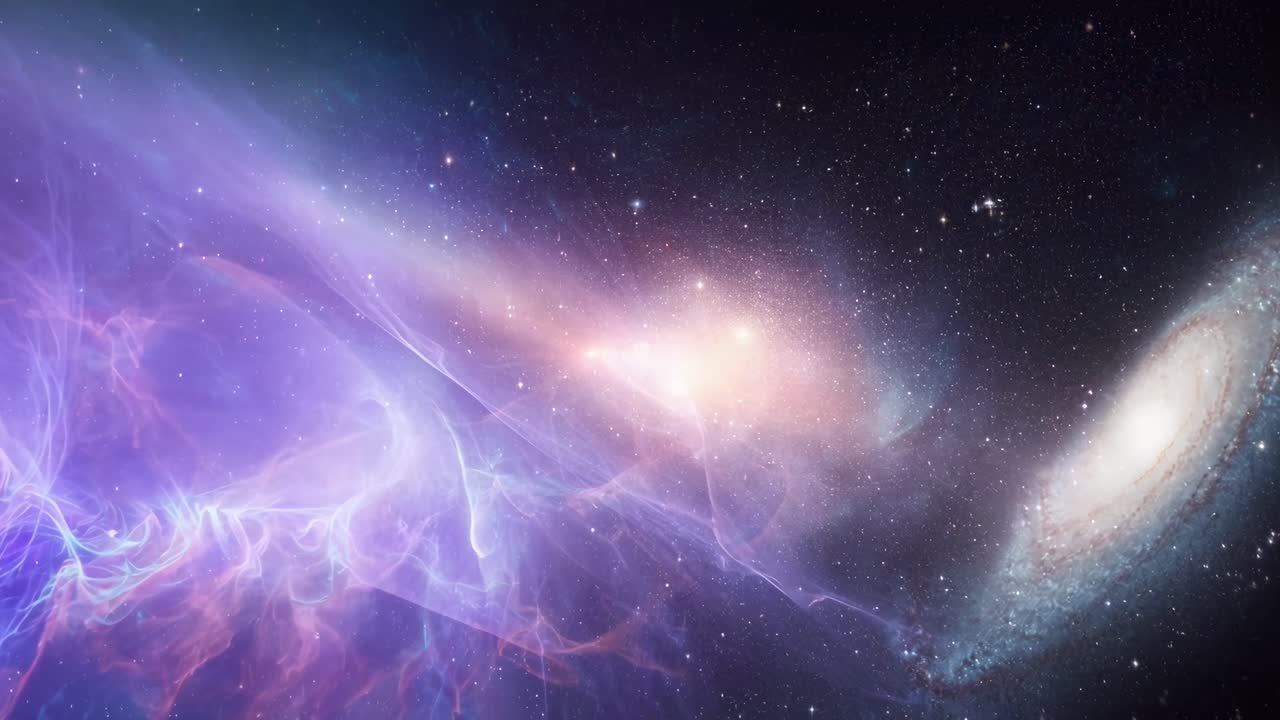 A mesmerizing cosmic video scene with a wide-angle view of galaxies and colorful nebulae