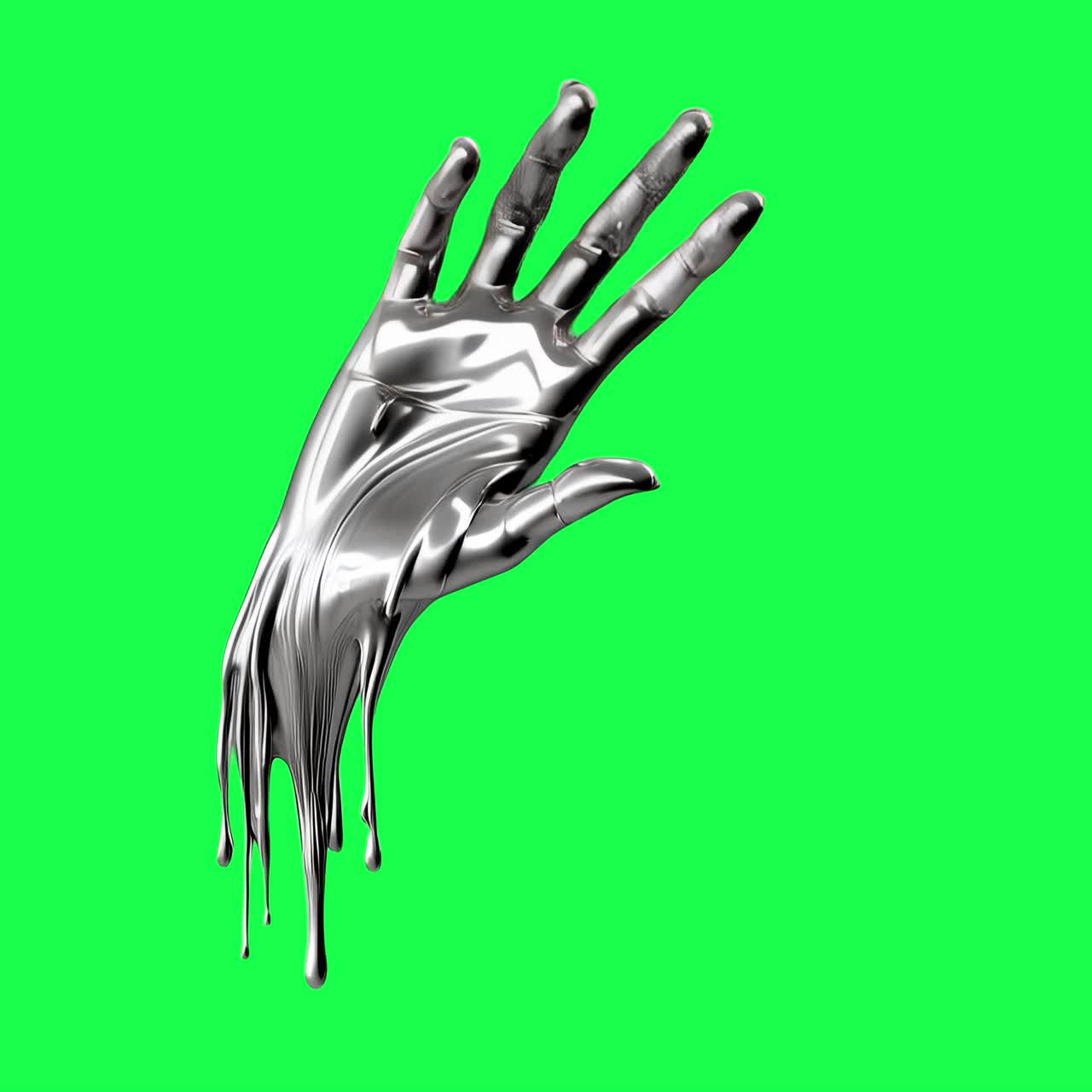 Melting chrome hand animation, transparent 4K video, green screen