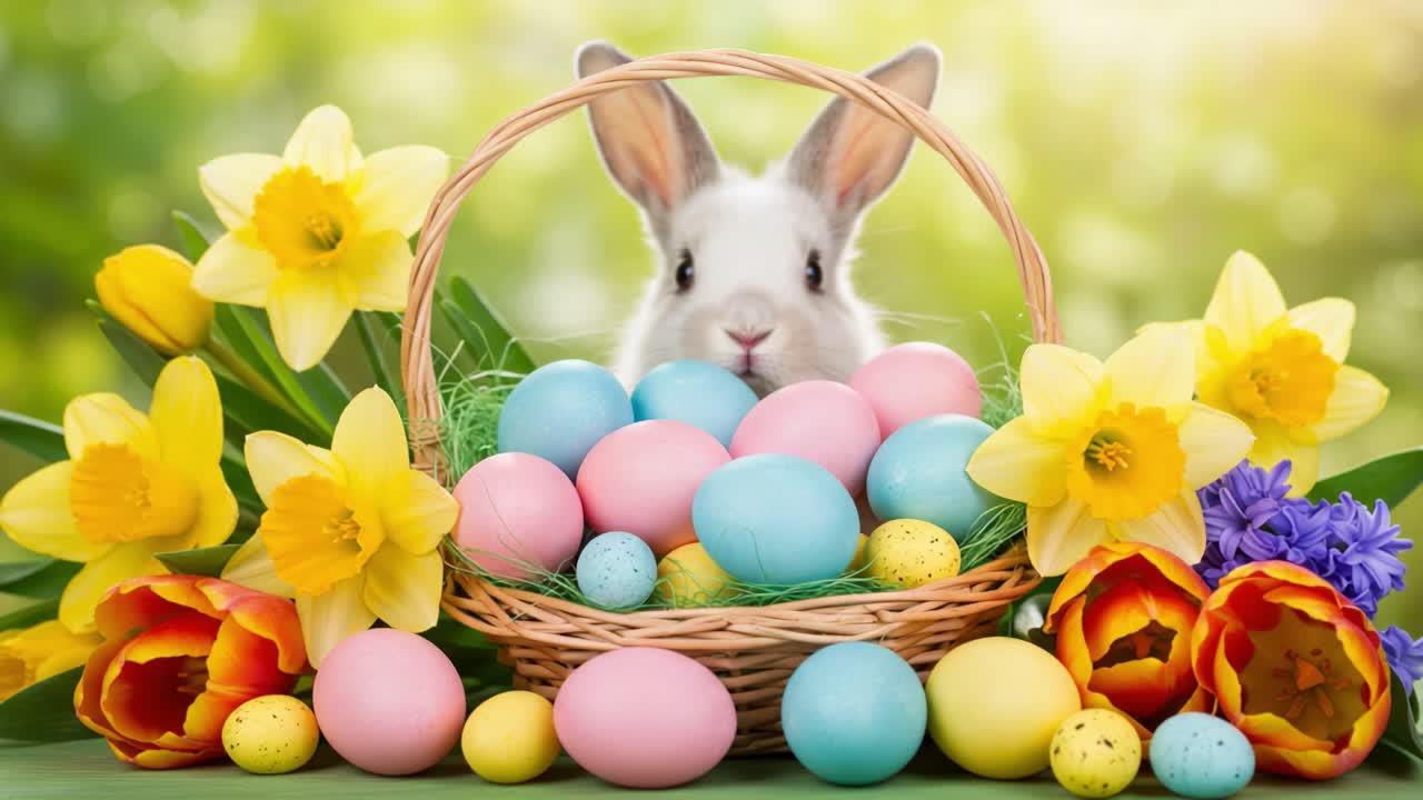 A Cute Easter Bunny Peeking Over a Colorful Basket of Eggs Surrounded by Bright Spring Flowers, Capturing the Joy and Festivity of the Holiday Season