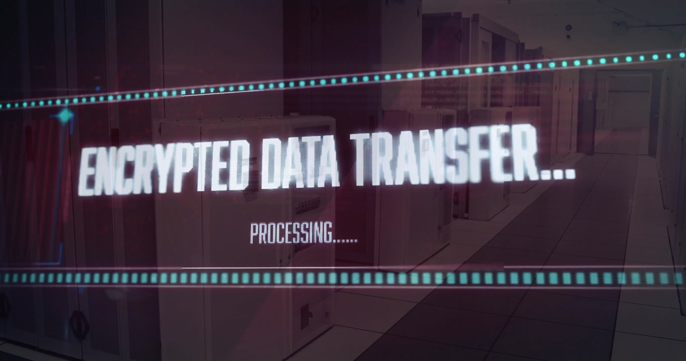 Opening corridor activating HUD showing encrypted transfer status, overlays pulsing progress bars