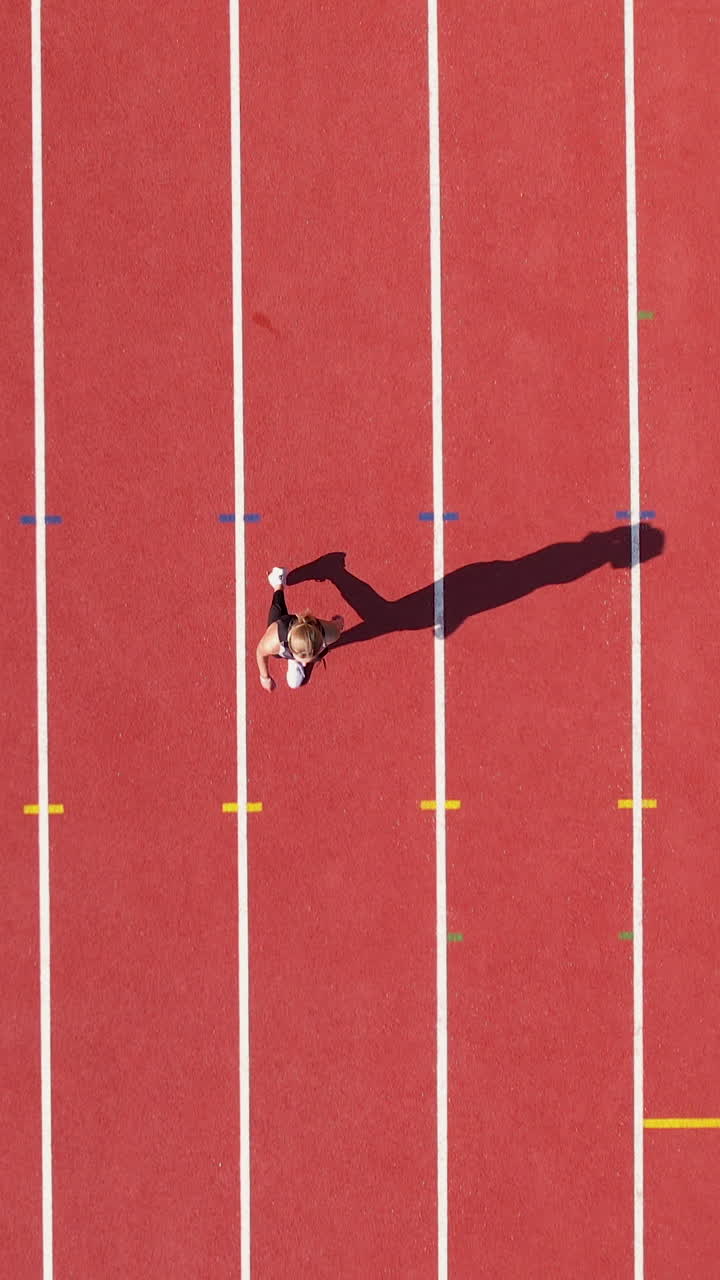 A high angle vertical shot of a female athlete sprinting on a red running track, casting a long shadow. Perfect for fitness and sports content