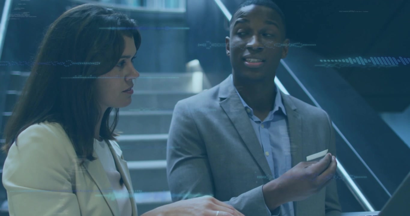 Animation of data processing over diverse business people in office