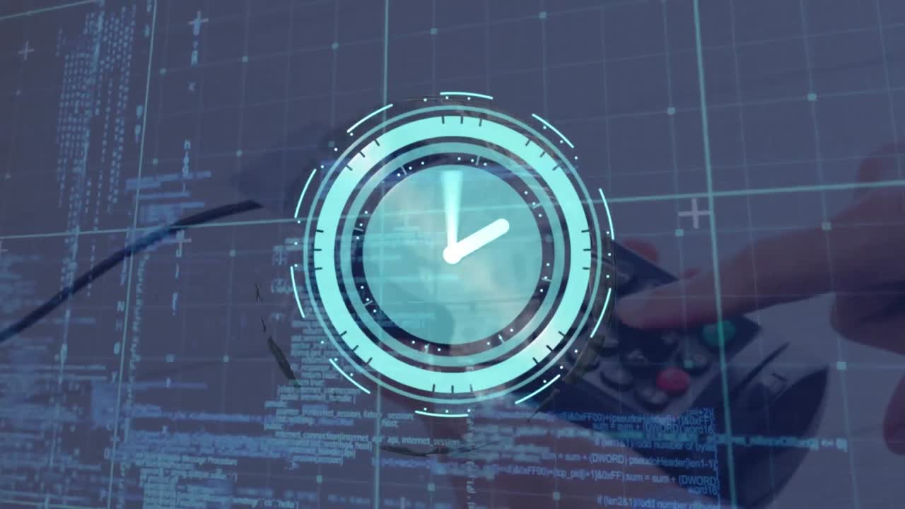 animación de un reloj que se mueve rápidamente sobre el procesamiento de datos y la terminal de pago