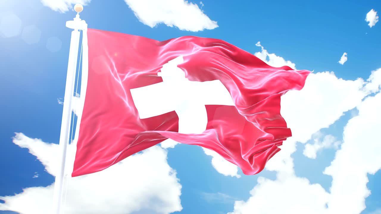 스위스의 현실적인 발이 타임 스 구름 배경에 흔들리고, 세부적인 직물 텍스처와 함께 4k 해상도의 완벽한 루프입니다.