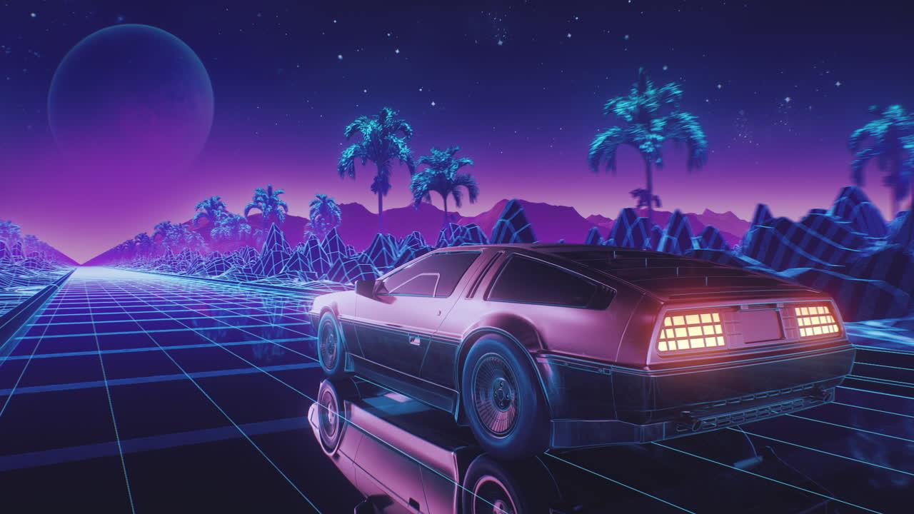 자동차 루프와 백그라운드 네온 레트로 웨이브 80년대 스타일