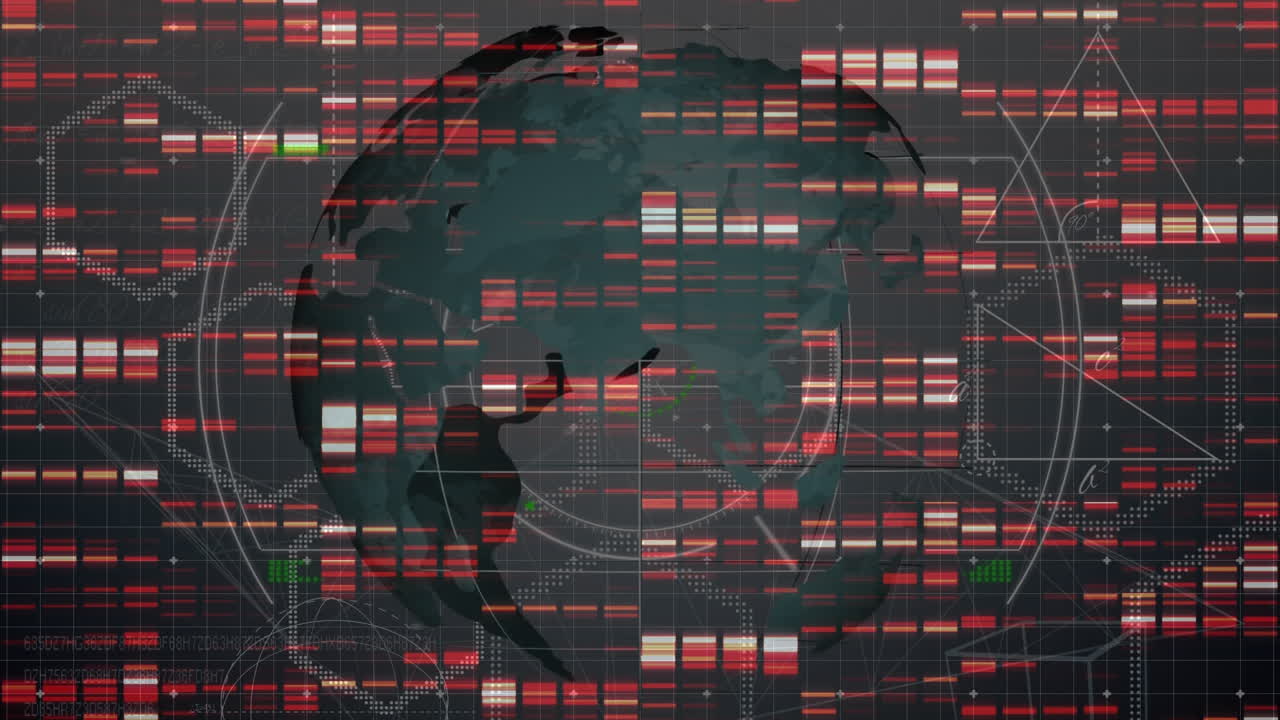 animación de cuadrados de mosaico y escaneo de alcance sobre un globo giratorio contra un fondo gris