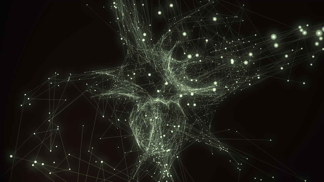 Complex rotating web of glowing nodes forming a brain shape. High-end visualization for machine learning and futuristic scientific research