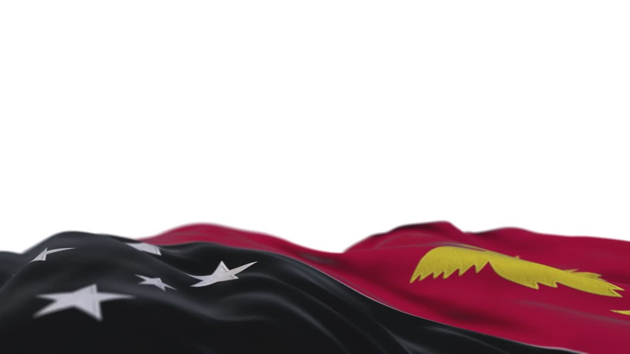 Papua New Guinea fabric flag waving on the wind loop. Papua New Guinea embroidery stitched cloth banner swaying on the breeze. Half-filled white background. Place for text. 20 seconds loop.