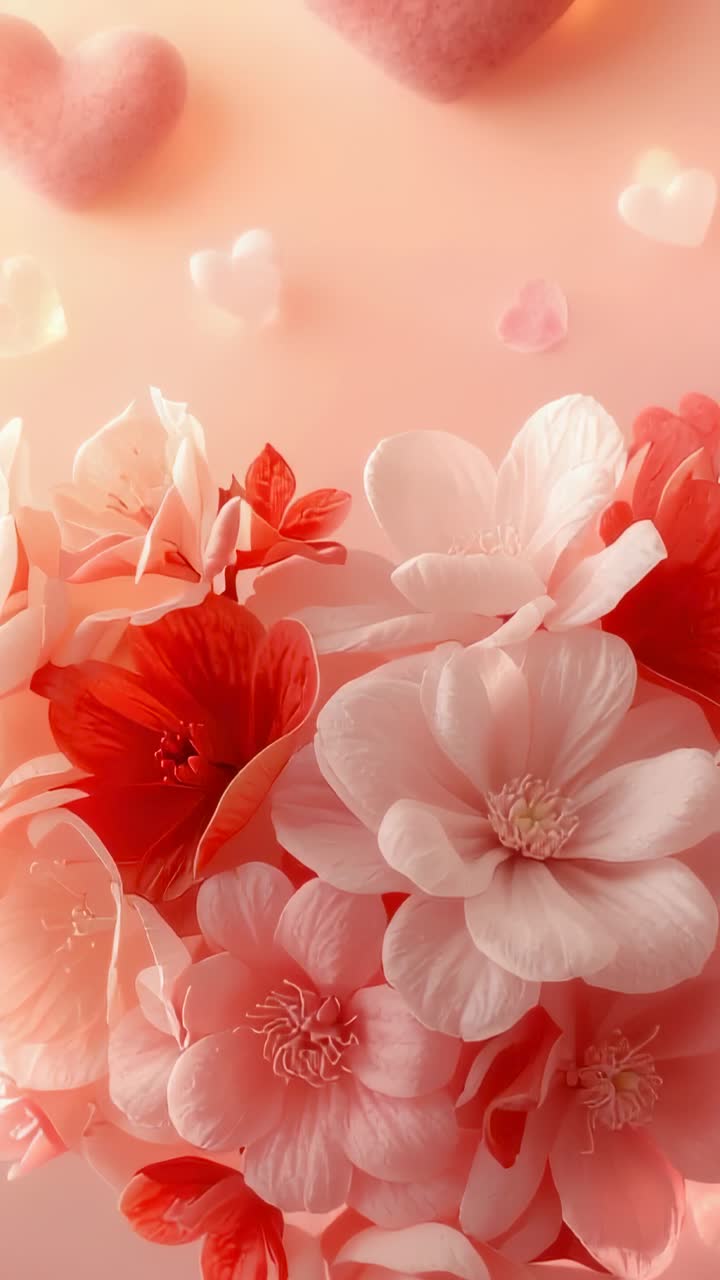Video verticale: gruppo di fiori fluttuanti che ondeggiano su sfondo color pesca, petali e cuori pulsanti per creare profondità