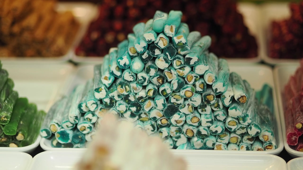 Colorful Turkish Delight Lokum with Pistachios on Display at a Market