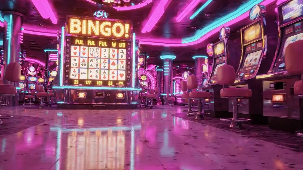 Interno di casinò vivace con luci al neon e bingo, che mostra slot machine e tavoli da gioco in un'atmosfera giocosa di eccitazione e intrattenimento.