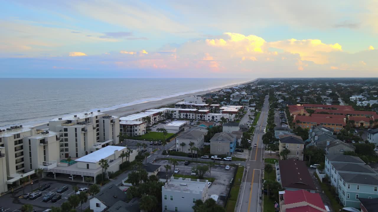 Jacksonville Beach FL Neighborhood at Sunset - Aerial Tracking Left