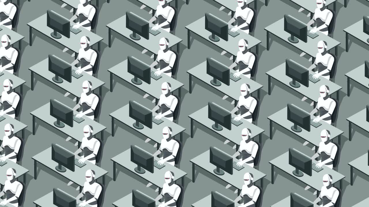 los robots de inteligencia artificial humanoides trabajan en la computadora. animación conceptual de ataque cibernético futurista