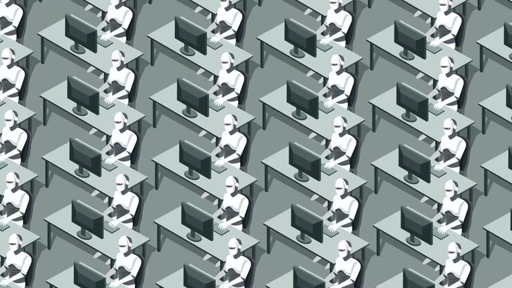 Robot umanoidi con intelligenza artificiale lavorano al computer. Animazione concettuale di attacco informatico futuristico.