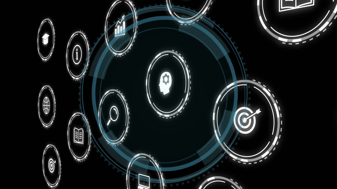 animación de iconos digitales y procesamiento de datos a través de escaneo de alcance en fondo negro