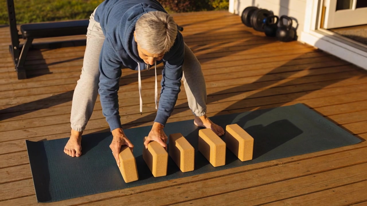 Stepping onto mat senior woman arranging five blocks for yoga on deck in hoodie kettlebells nearby