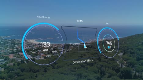 Animación-De-Velocímetro,-GPS-Y-Datos-De-Estado-De-Carga-Sobre-El-Escenario,-En-La-Interfaz-Del-Vehículo-Eléctrico.