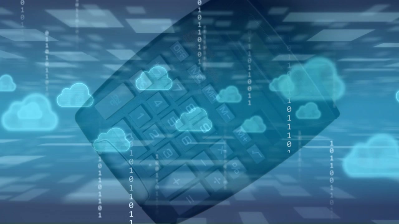 Data pulse starting keypad rotating, fading while clouds drifting, bits falling showing cloud sync