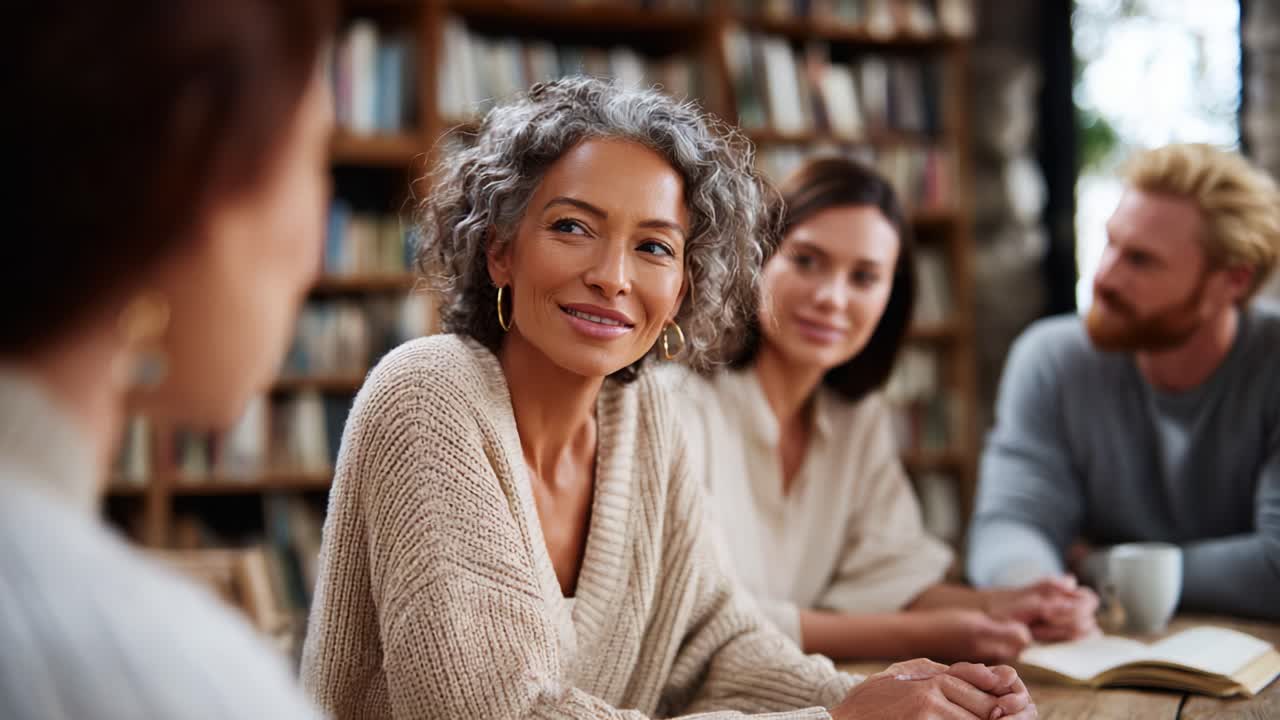 Engaging Discussion Among Friends in Cozy Library Setting: Connection, Laughter, and Shared Stories Amidst Shelves of Books and Warm Atmosphere