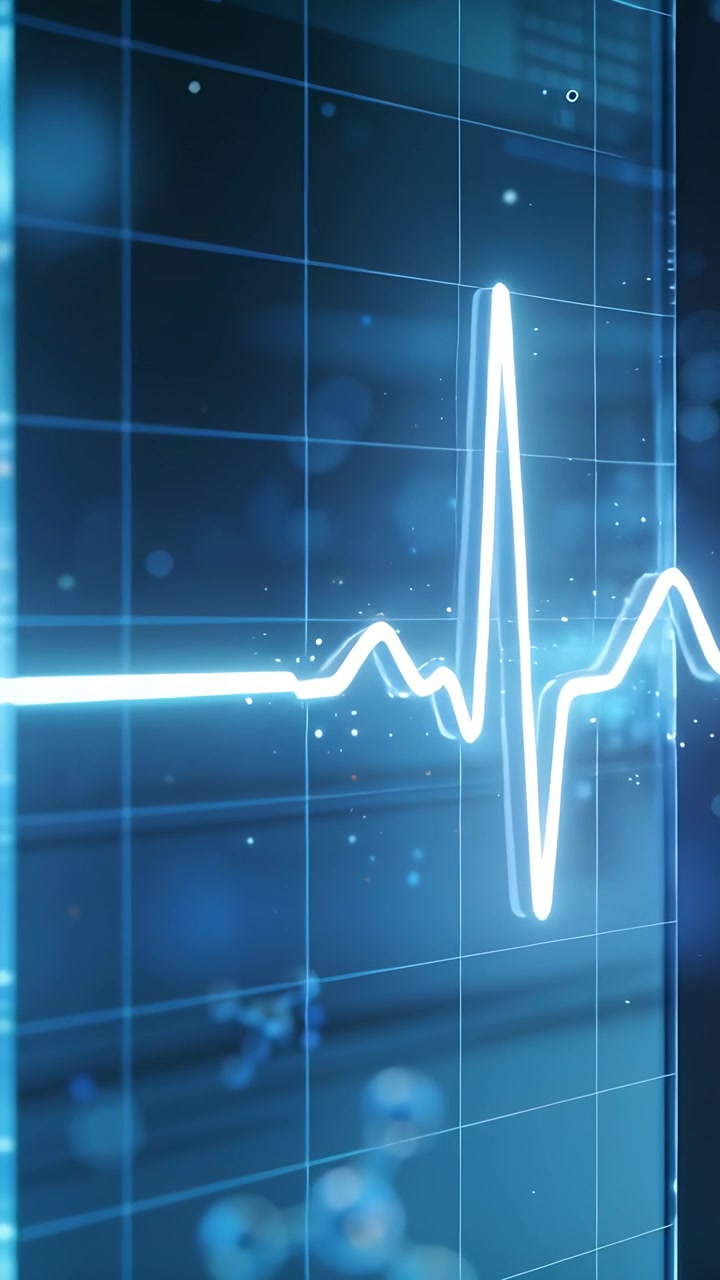 Video verticale: Traccia ECG al neon in ciclo continuo che si muove su una griglia blu, simulando un battito tra pannelli di vetro.