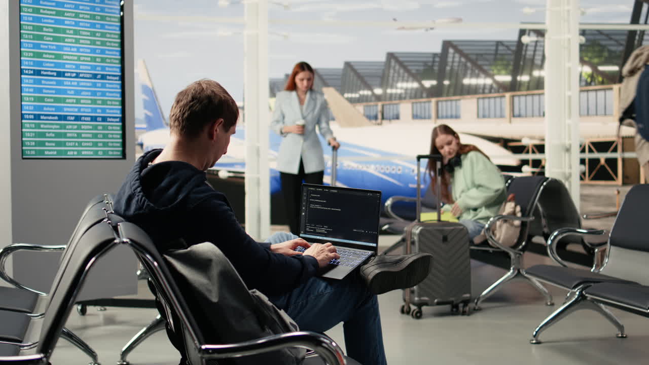 Hombre nómada digital programando en un portátil en un aeropuerto internacional