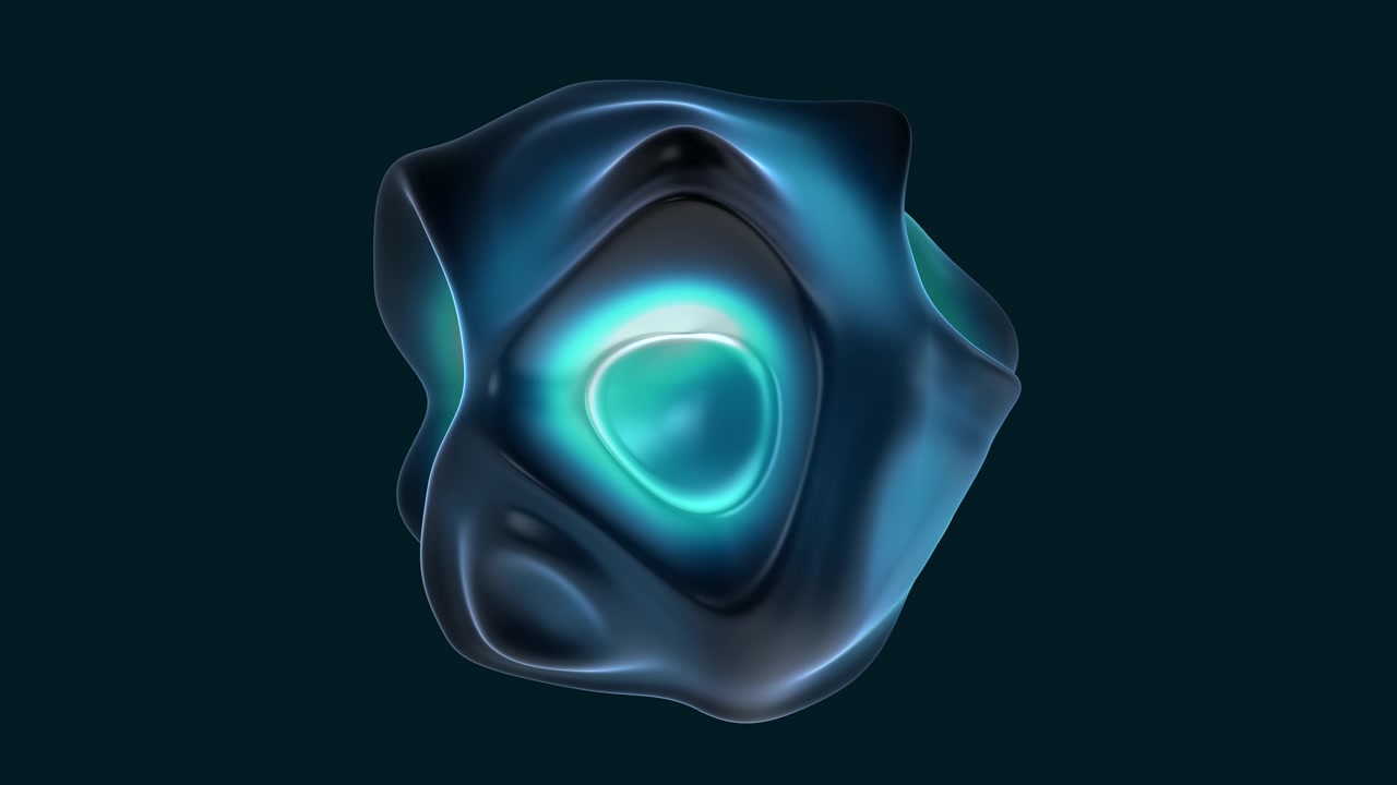 Abstrakt 3D med en kaldtonet, formskiftende flytende klatt med gjennomsiktige cyan- og mørkeblå lyseffekter. Perfekt for lanseringer av teknologiprodukter, appbakgrunner, vitenskaps- og naturrelatert innhold