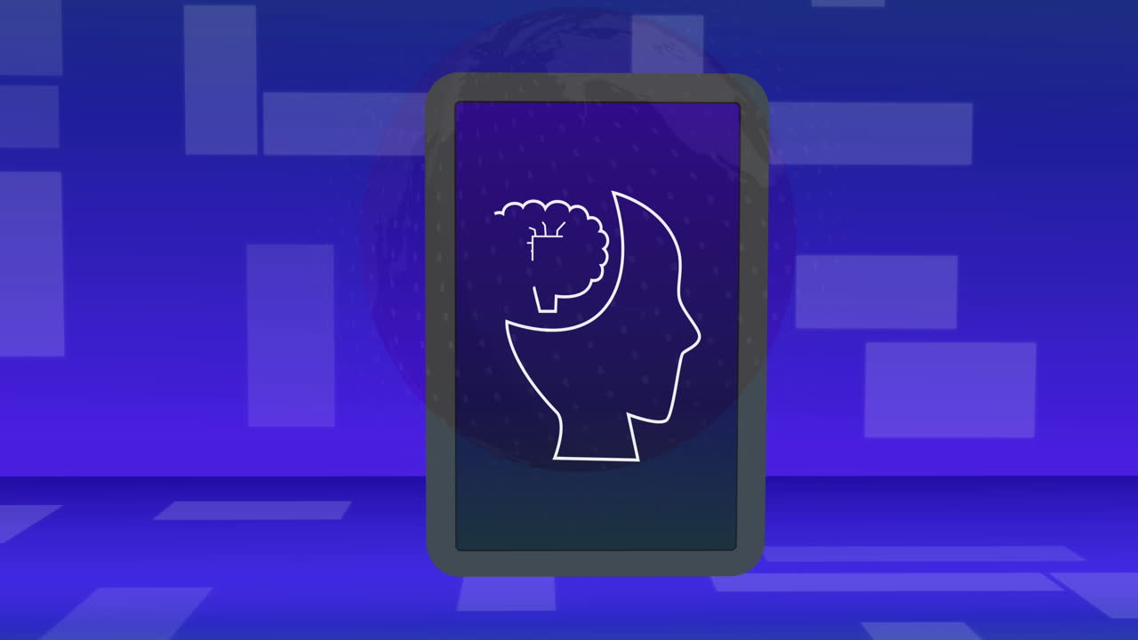 animación del procesamiento de datos con iconos en la pantalla de la tableta