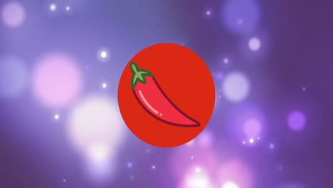 animation of red chili pepper in red circle over moving bokeh lights on purple background