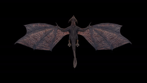 realistic dragon flying, overhead camera on black background