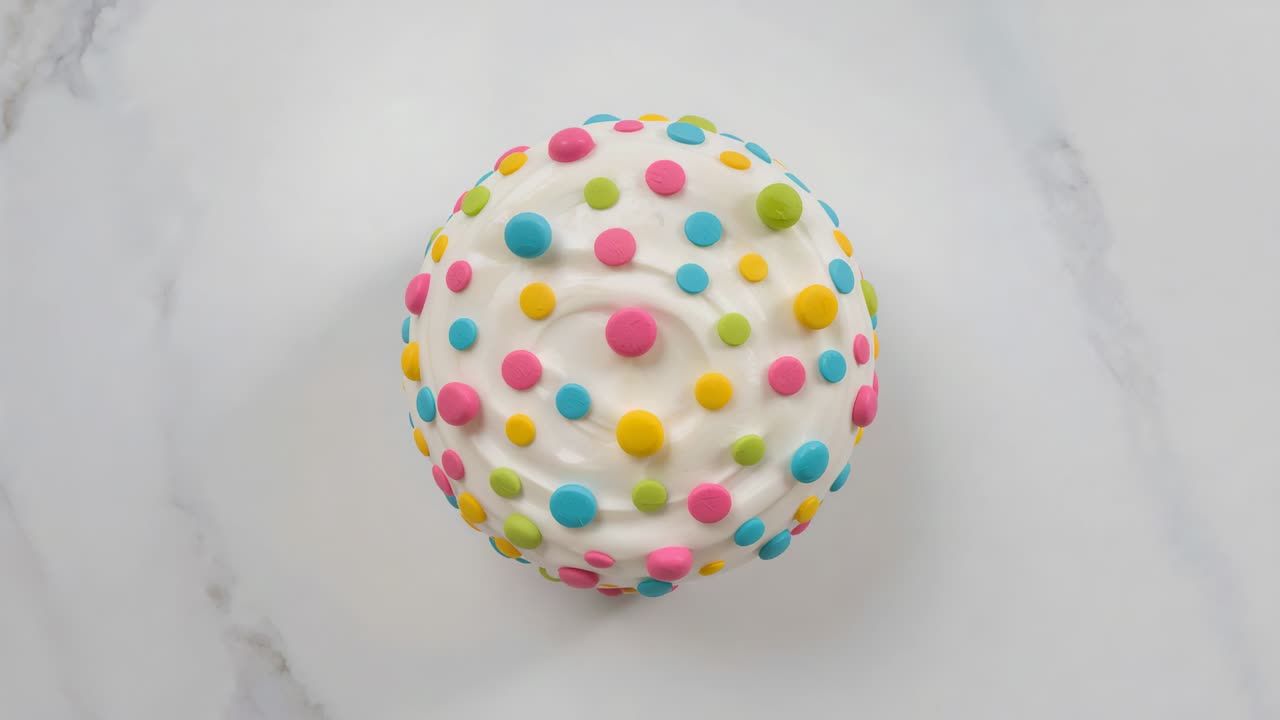 Kamera trekkes tilbake og viser cupcake som roterer og avslører marmorplate, hvit virvel med strøssel