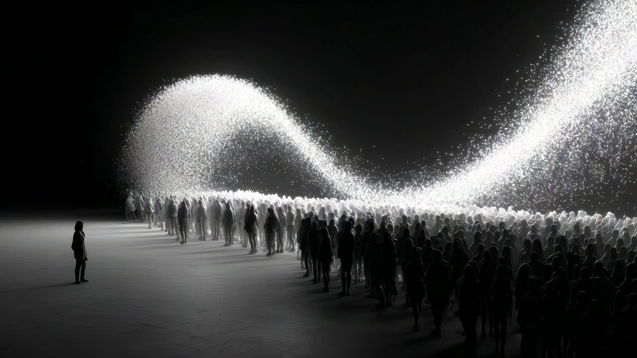 A mesmerizing visual experience unfolds as a captivating wave of light and shadow flows through a crowd of figures, creating an ethereal atmosphere filled with movement and energy