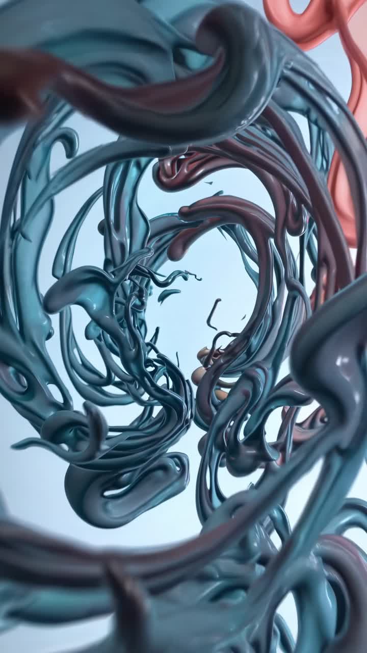 Luminous paint streams swirling and merging, generating dynamic abstract tunnel pattern against soft blue background, revealing hypnotic visual movement