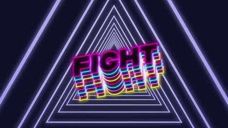 animation of fight text text banner over triangular tunnel in seamless pattern on black background