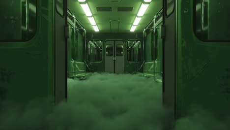 misterioso vagón de metro verde vacío lleno de niebla