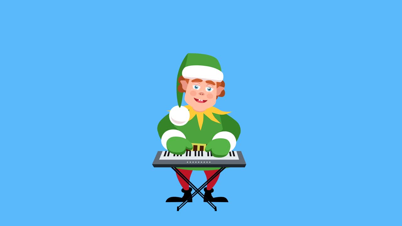 Cartoon Little Santa Helper Flat Character  Play Synthesizer Animation. Includes luma matte