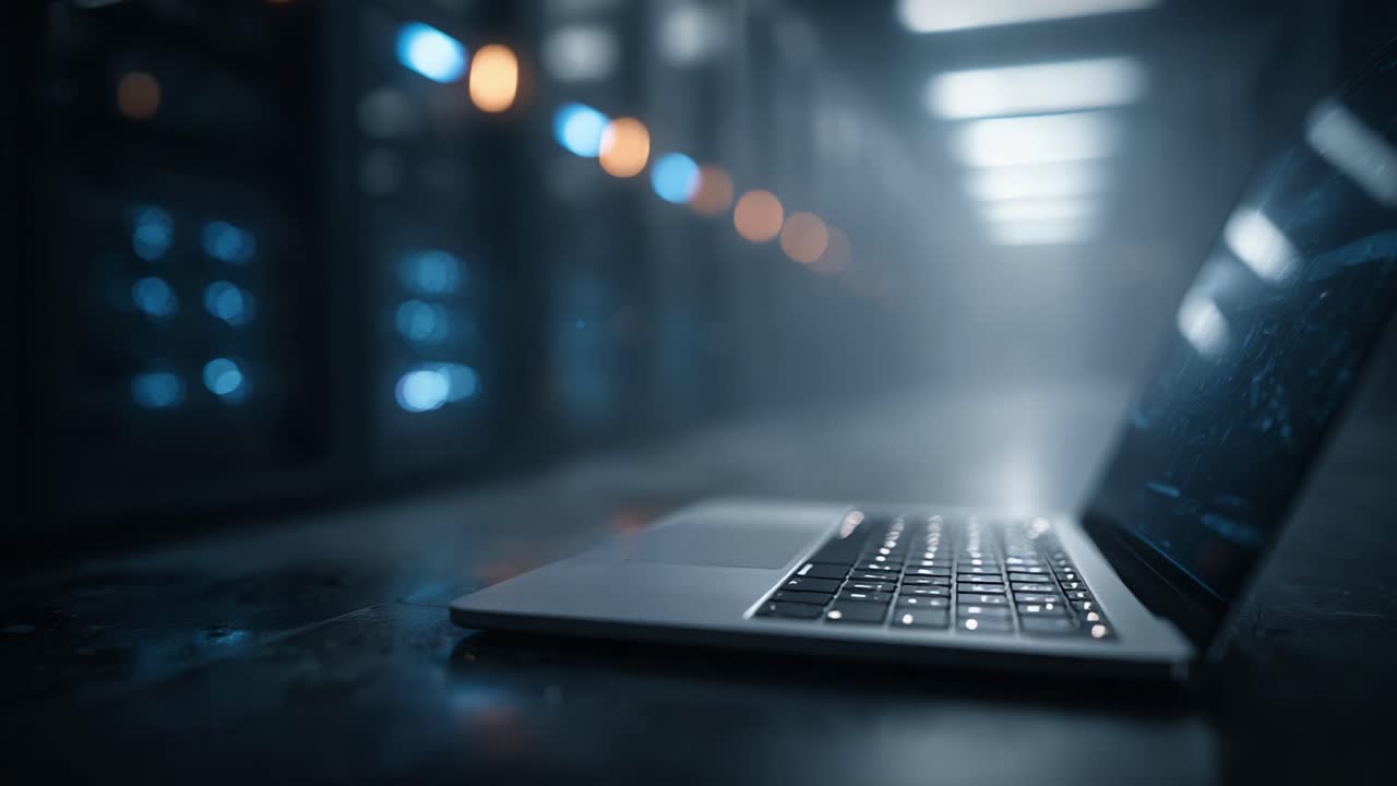 A Sleek Laptop Resting on a Dark Surface in a High-Tech Data Center with Illuminated Server Racks, Displaying a Futuristic Interface on Its Screen