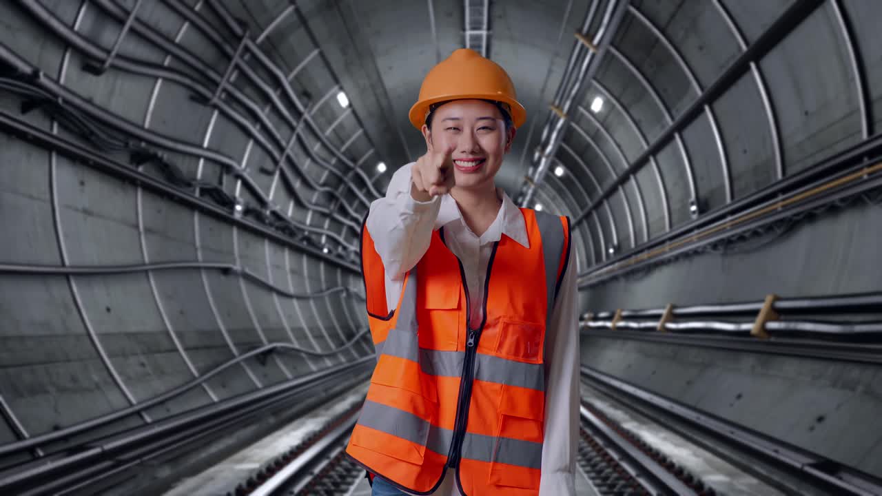 Woman Engineer Pointing in a Tunnel