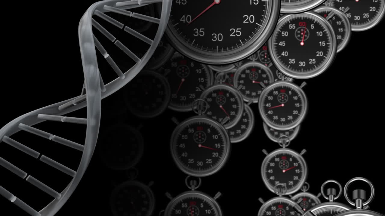 animación de temporizadores que se mueven sobre la cadena de adn sobre un fondo negro