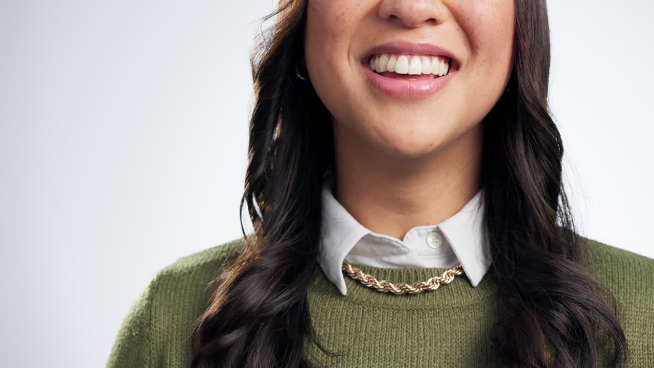 Happy, closeup and woman laughing in a studio