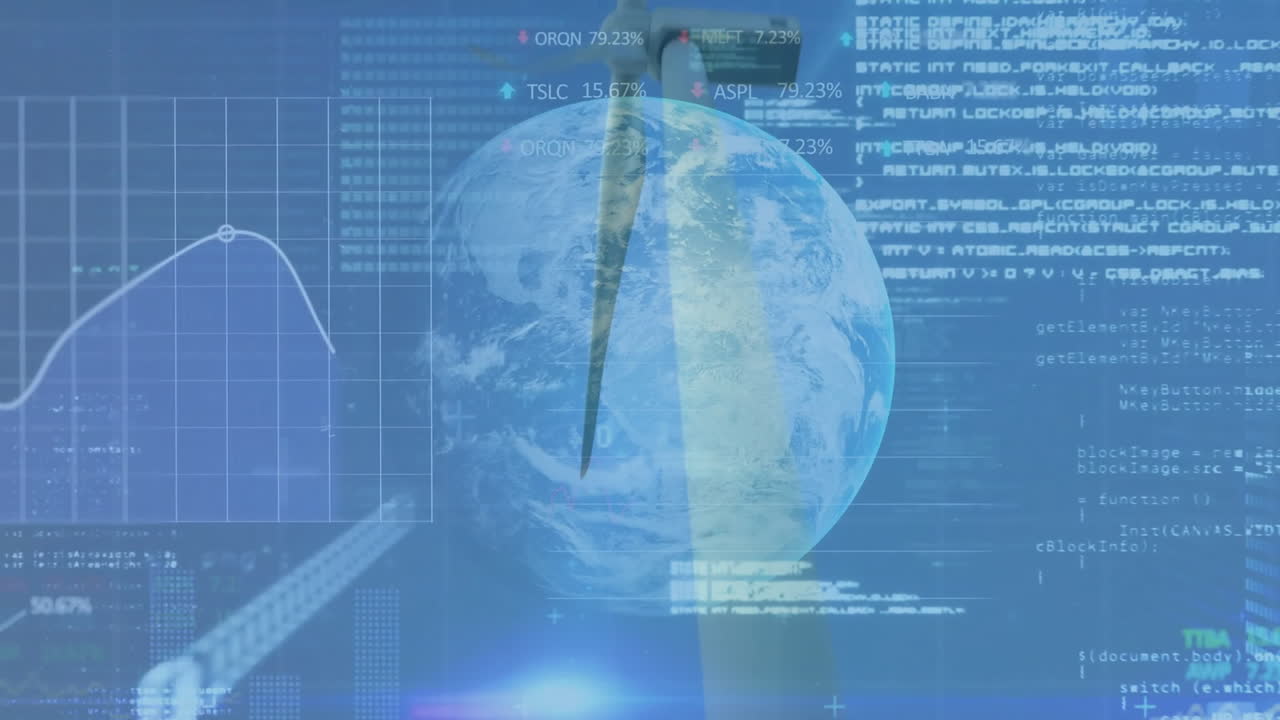 Animation of financial data processing over wind turbine and globe