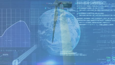 animation of financial data processing over wind turbine and globe