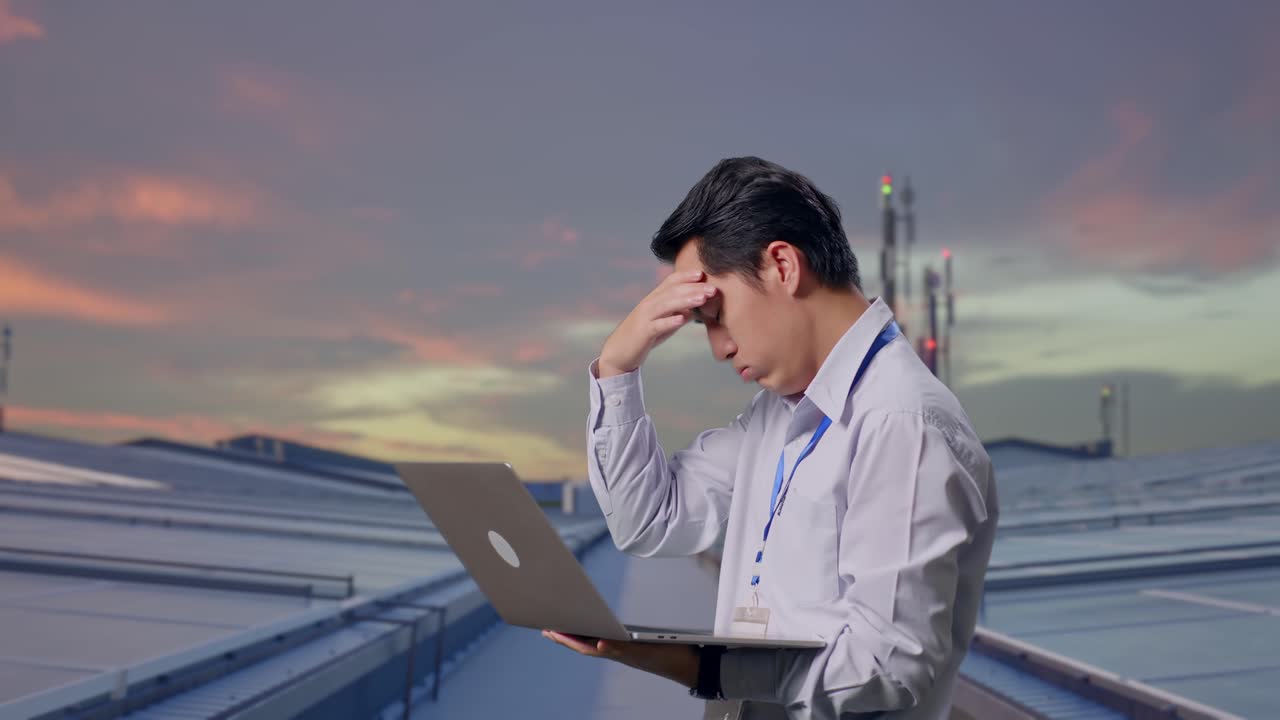 ノートパソコンを使うアジア人男性の専門作業員のサイドビュー。工業用屋上のソーラーパネルを点検しており、失望した様子で首を縦に振っている。