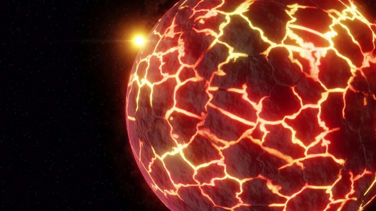planeta oscuro con grietas de lava, renderización en 3d