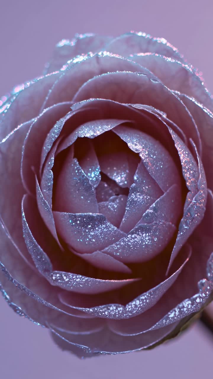 Video ravvicinato di un bocciolo di peonia con petali scintillanti su uno sfondo blu tenue