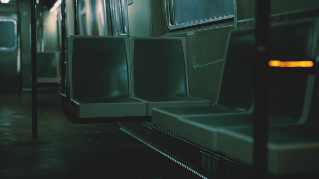 Empty subway car at night with dim lighting and modern design features