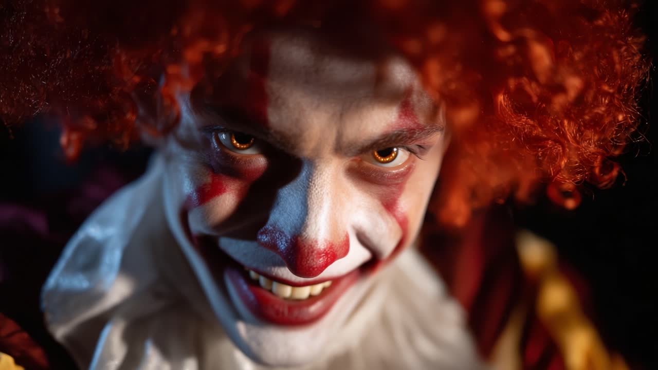 Intense Clown Portrait: Emotional Contrast Captured in Two Frames Featuring a Clown with Distinctive Red Hair and Striking Face Paint, Highlighting Emotional Depth