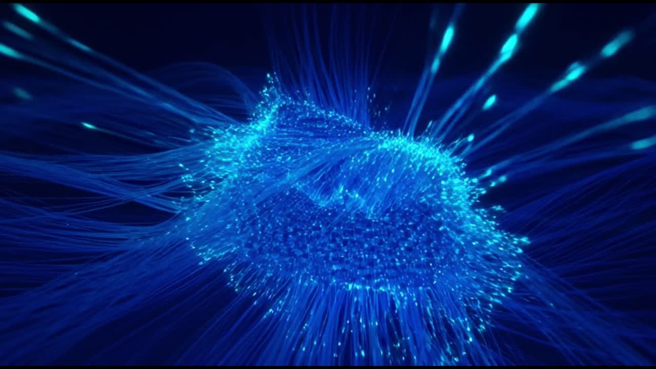 Dynamic Abstract Network of Glowing Blue Lines and Particles