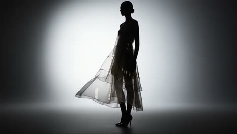 stunning silhouette of a model gracefully showcasing a flowing dress against a minimalistic light backdrop, capturing elegance and fashion in motion